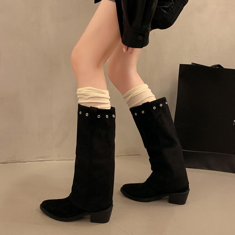 Fashion Vintage Thick Heel Women Western Cowboy Boots Button Combination Splicing Shoes Autumn Winter Ladies Pipe Long Booties
