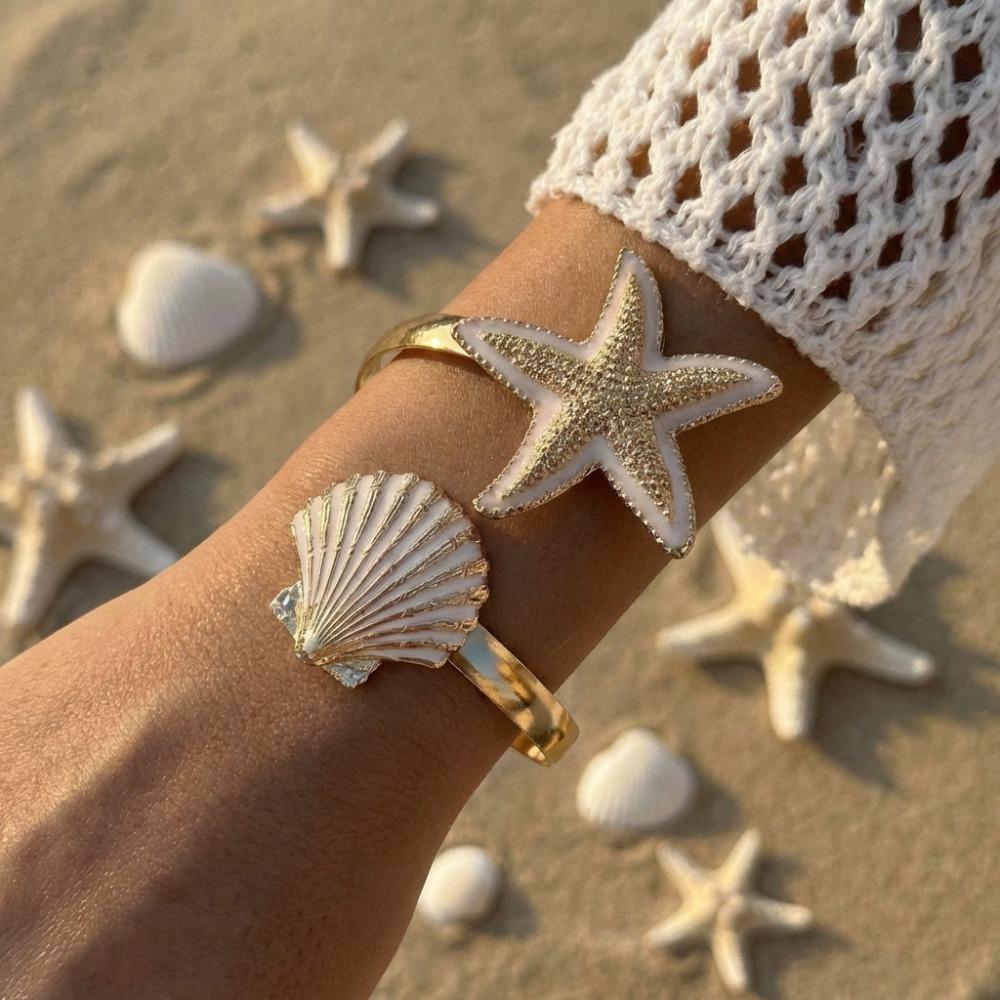 Creative Pearl Shell Starfish Cuff Enamel Ocean Vibe Metal Bracelet Gold Color Irregular Open Bangle Women