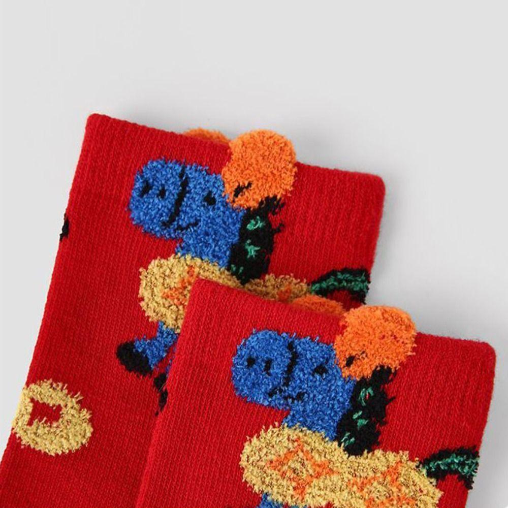 5 Pares Meia Cano Médio Ano Novo Chinês Meias Desenho Cavalo Vermelho Meias de Algodão Roupa de Inverno