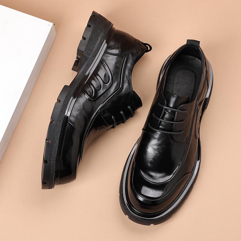 Top Layer Cowhide New Men's Formal Business Leather Shoes High-end Light Luxury Big Head Thick Soled Men's Shoes Trendy Lace Up Single Shoes