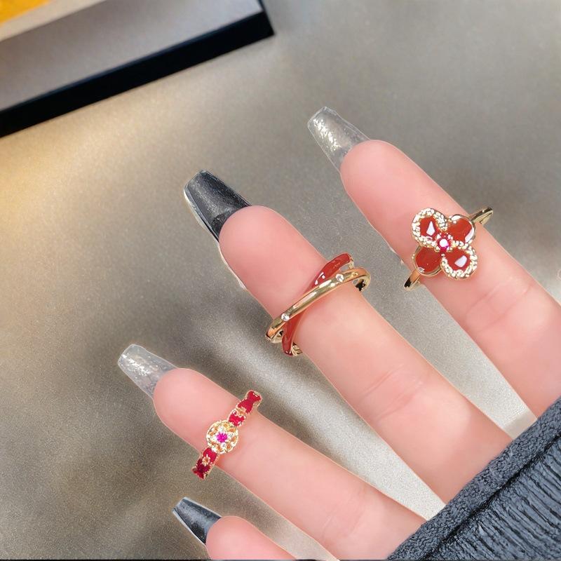 Ankara Red Oil-Dripping Serpentine Four-Leaf Clover Open Ring Sweet Ring Women'S Fashion High-End Accessories