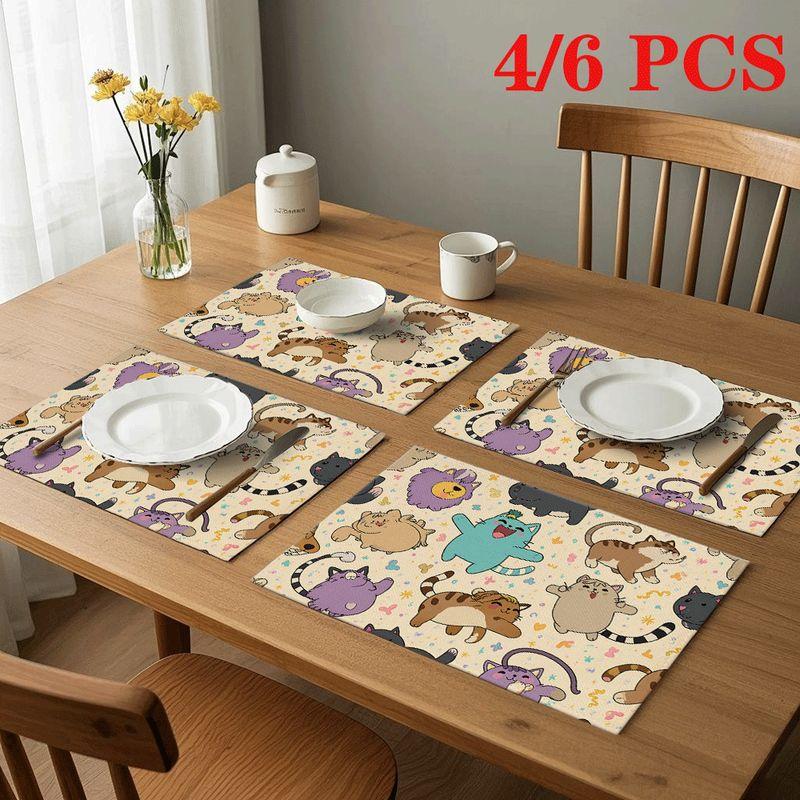 4/6pcs Rectangular Placemats - 18x12 Inches, Cute Cartoon Cat Seamless Pattern Printed Fabric, 2D Element Pattern Design, Easy-to-Clean Table Heat Ins