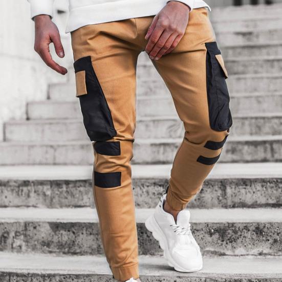 Cargo Pants Large Side Pockets Fine Texture Contrast Color Men Splicing Sports Trousers for Daily Life