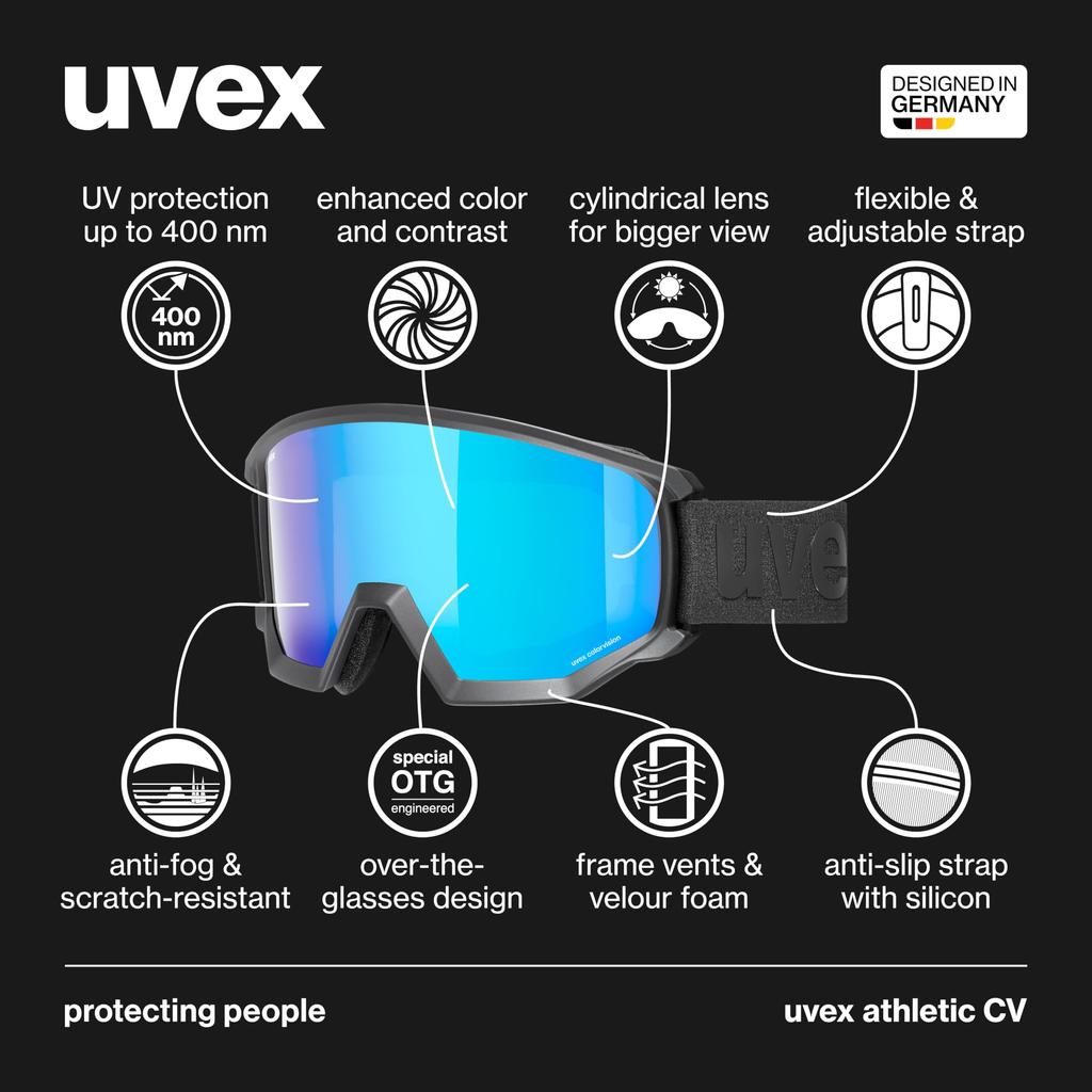 Uvex athletic CV ski and snowboard single compatible with glasses goggles, unisex, high-contrast mirror, lens,