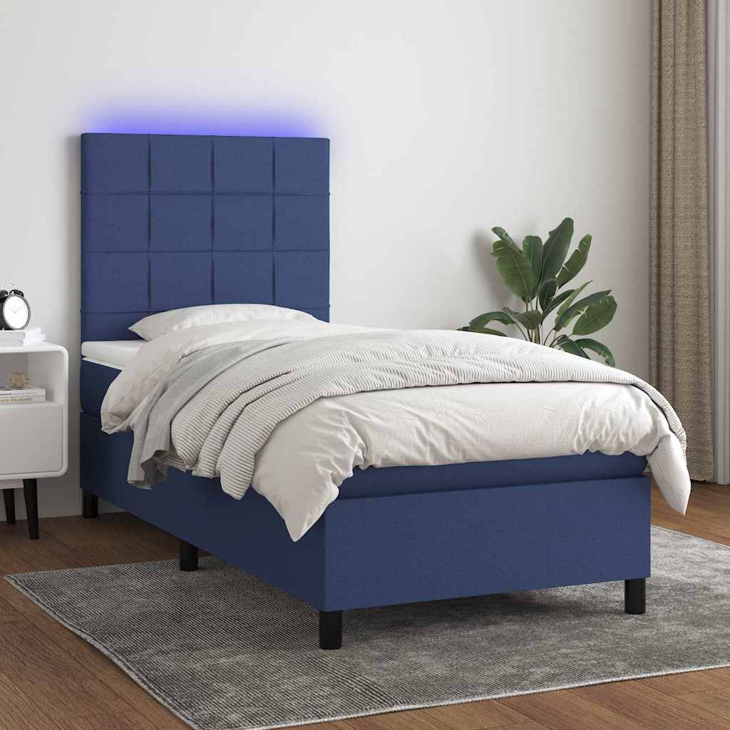 Box Spring Bed with Mattress & LED Blue 100x200 cm Fabric