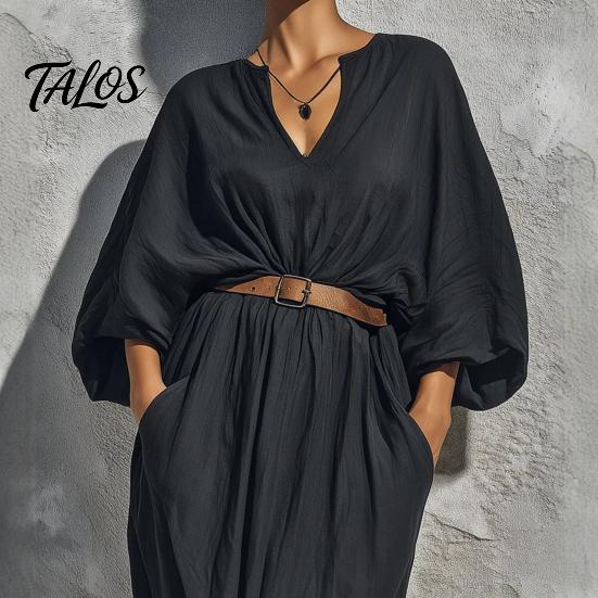 Comfortable Women Dress Women's Batwing Long Sleeve Maxi Dress, Casual V Neck Flowy Simple Style Summer Travel Vacation Loose Outfit with Belt