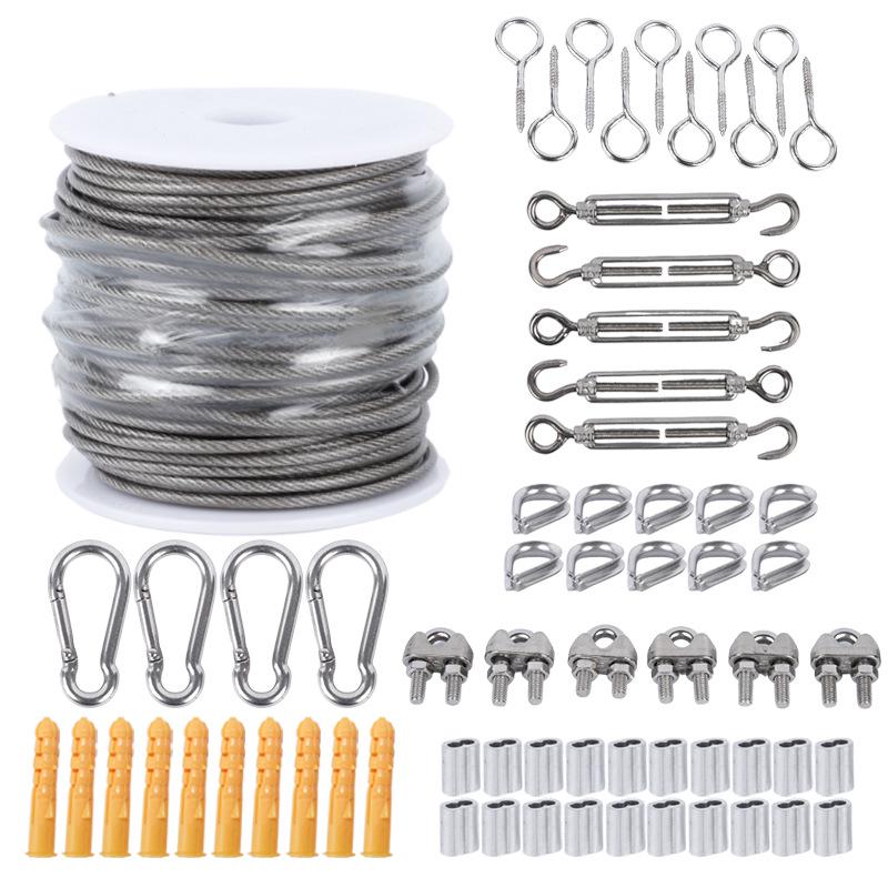 Stainless Steel Outdoor Wire Rope Kit with Carabiner Hook & Tensioner for String Lights and Clothesline.