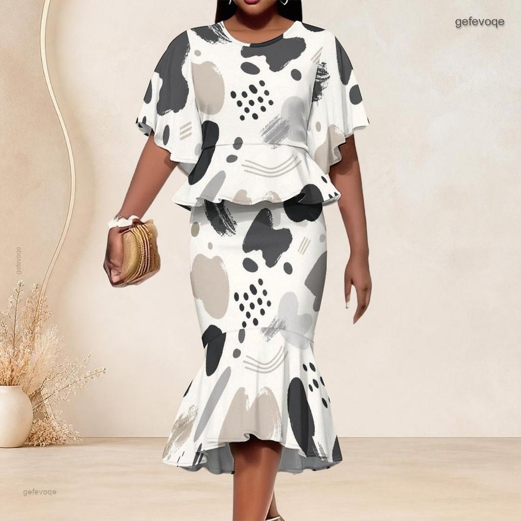 Women Plus Size Round Neck Batwing Sleeve Printed Ruffle Hem Top Fishtail Skirt Two Piece Set