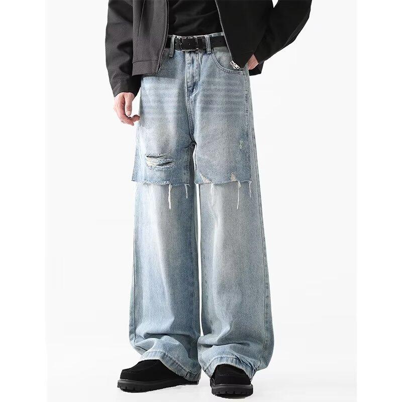 JYL Men s Straight Jeans American Vintage Blue Ripped Patch Loose Wide-Leg Denim XXL