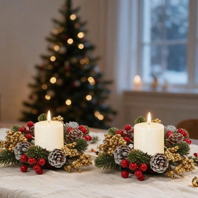 2Pcs Artificial Pinecone Christmas Wreath, Christmas Floral Candle Holder, Tabletop Home Decor Ornament, Festive Atmosphere Decoration