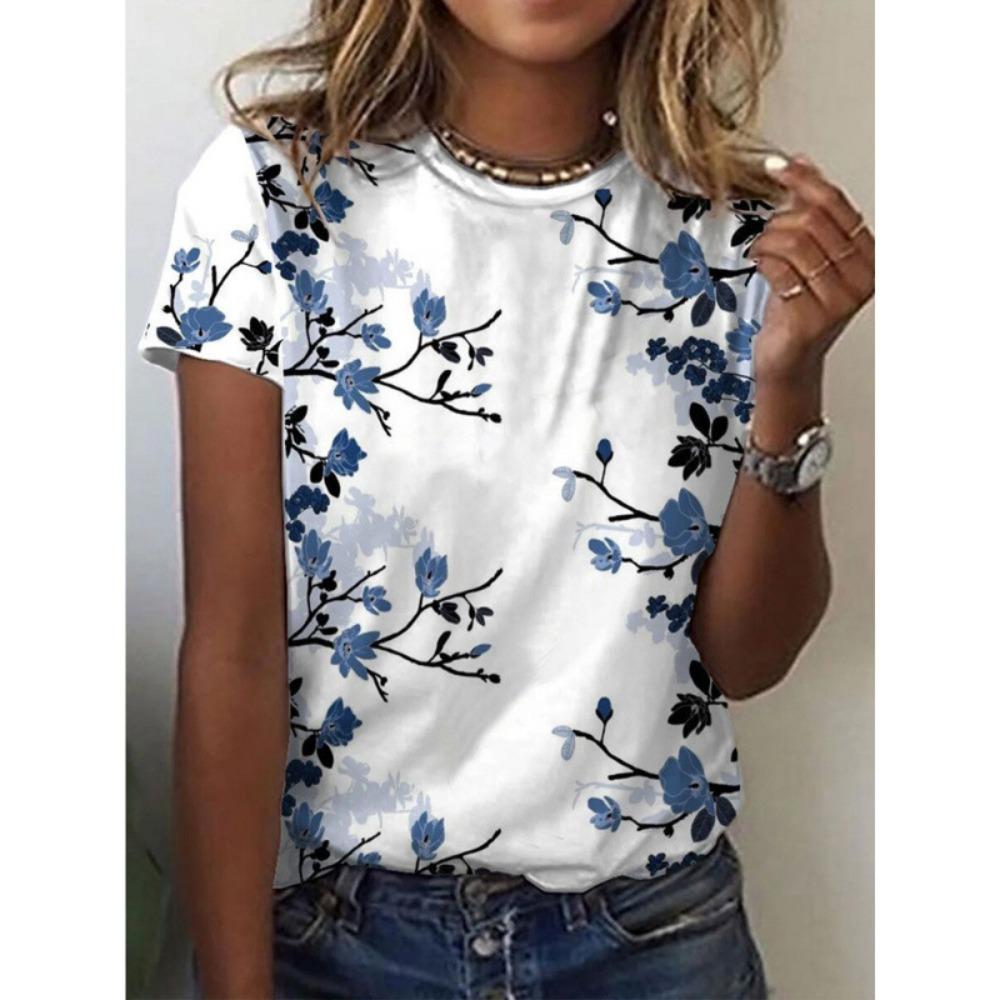 Summer Fashion Loose Comfortable Casual Flower Printed Women's Plus Size Soft Breathable Round Neck Short Sleeved T-shirt
