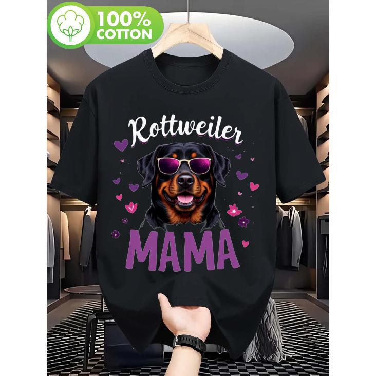 Men'S Rottweiler Mama Graphic T-Shirt - Black Shirt with Purple Text & Hearts - Soft Breathable Cotton Tee for Dog Lovers - Casual Everyday & Special