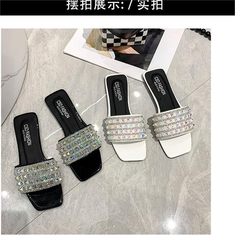 Slippers women's large size 2023 summer new Korean version fashion rhinestone one-word drag wear flat bottom beach slippers