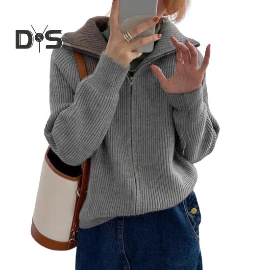 Women Sweater Coat Solid Color Lapel Long Sleeve Double Zipper Fly Design Knitting Coat Casual Commuting Style Outwear