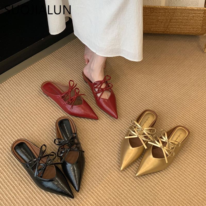 Fashion SUOJIALUN 2025 Autumn New Women Slipper Fashion Pointed Toe Bow-knot Slip On Mules Shoes Square Low Heel Outdoor Dress Sandal