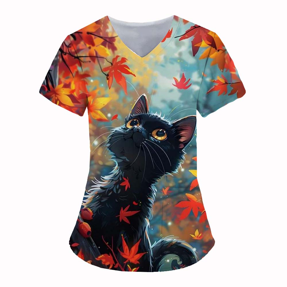 

Medical Uniform for Women cute Cat 3D Print V-Neck Clinical Uniform Short Sleeve Tops Patch Pocket Surgical Women s Uniforms S