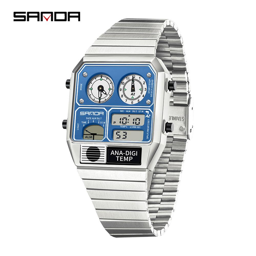 SANDA Electronic Watch Men Square Steel Band Digital Wristwatch Temperature Measurement Stopwatch Timing Multifunctional Watch