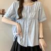 Navava Women Romantic Pastel Shirring Round Neck Short Sleeve Blouse Nb2243