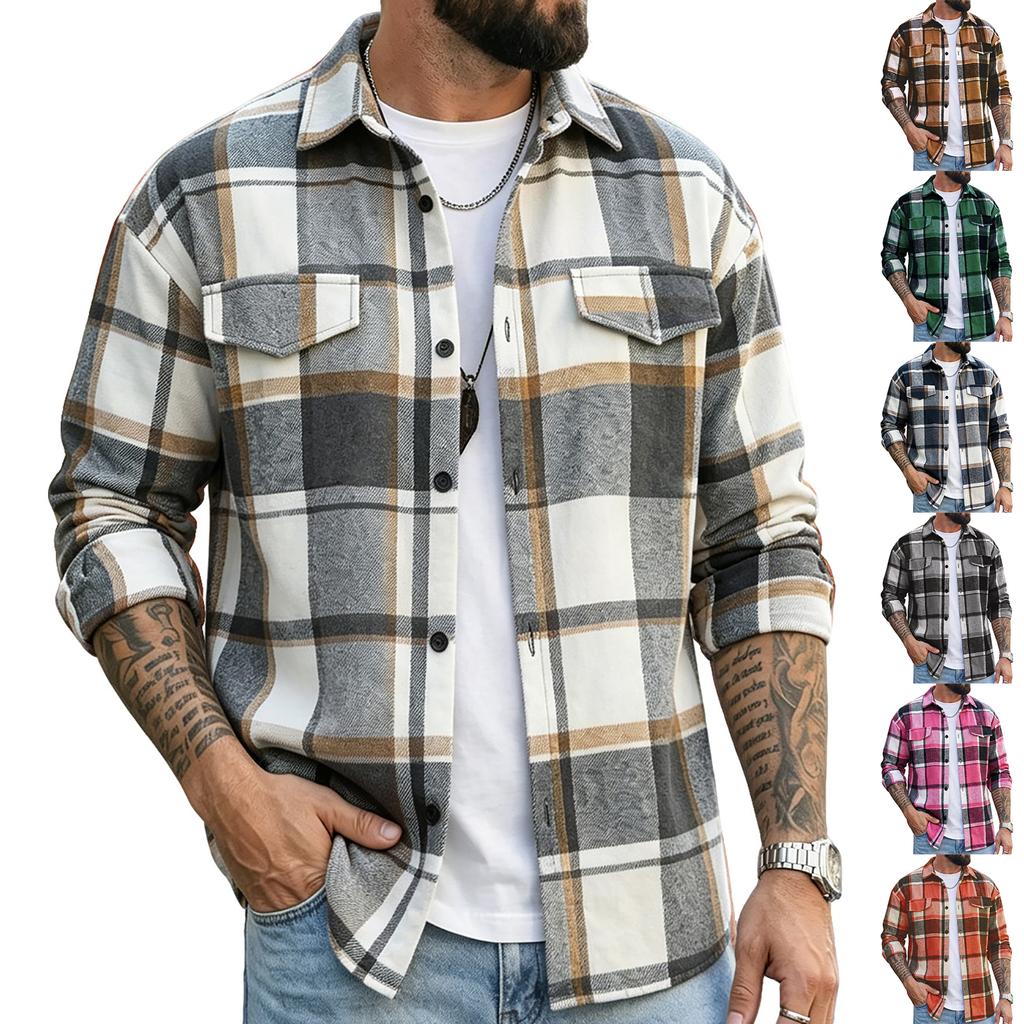 Men's Retro Plaid Flannel Shirt Jacket Long Sleeve Loose Fit Casual Button-Down Outerwear
