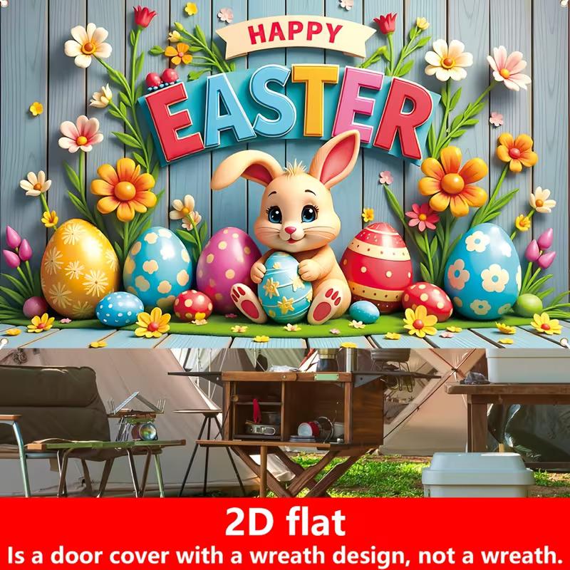 2D Spring Easter Door Cover Colorful Easter Bunny with Eggs on Wooden Background for Party Decoration