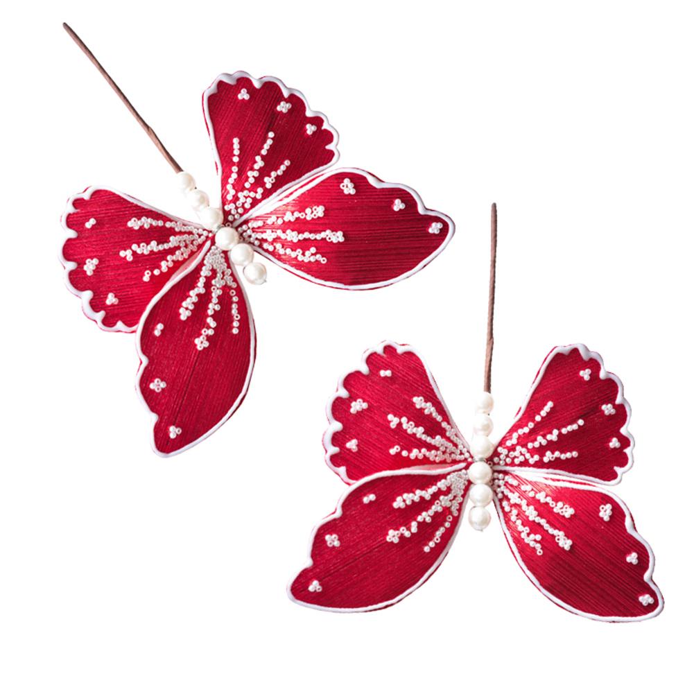 

DIY Christmas Butterfly Decorations 2Pcs with Sequins for Tree Ornaments and Garden Wall Layouts Fabric Handmade красный