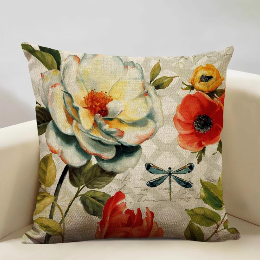 Retro Style Cushion Cover 45x45cm Linen Pillow Case Living Room Sofa Decor Pillowcase Colorful Exquisite Flower Pattern Car Seat