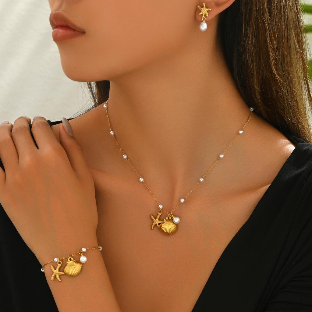 Ocean Style Women's Earrings Necklace Set Versatile Shell Pearl Bracelet Unique Beach Jewelry for Women