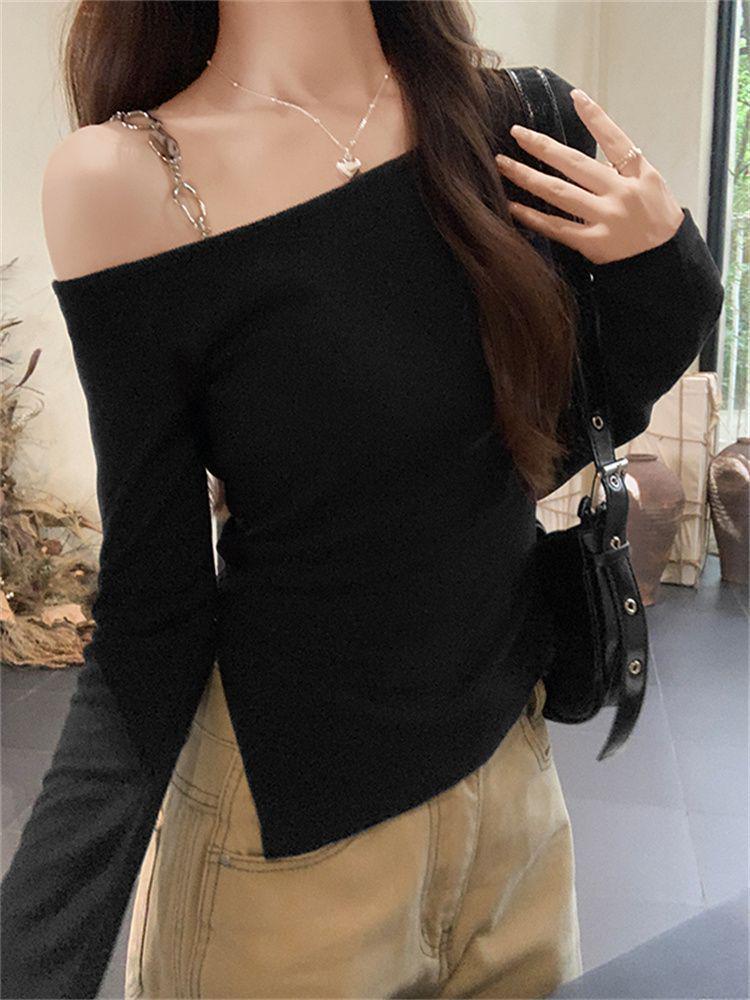 Women's Black Long-Sleeve 2025 One-Shoulder Top - Chic Autumn/Winter Design