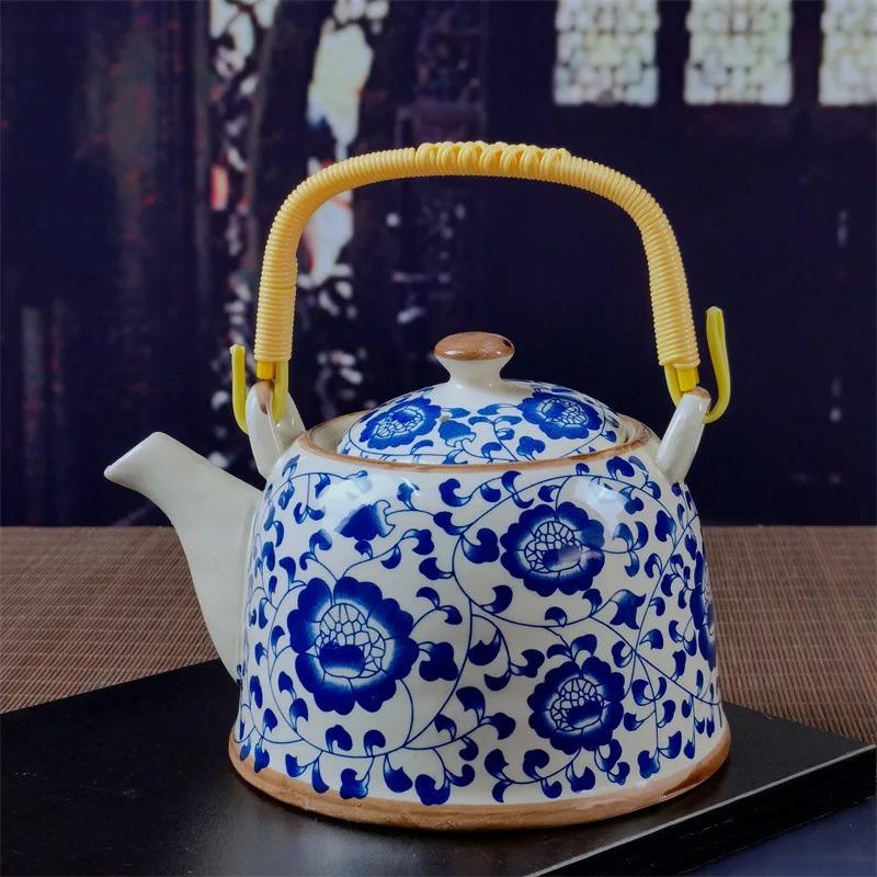 Ceainic din porțelan de uz casnic Oală din ceramică de mare capacitate cu apă rece Oală mare din porțelan, albastru și alb, cu mâner cu buclă