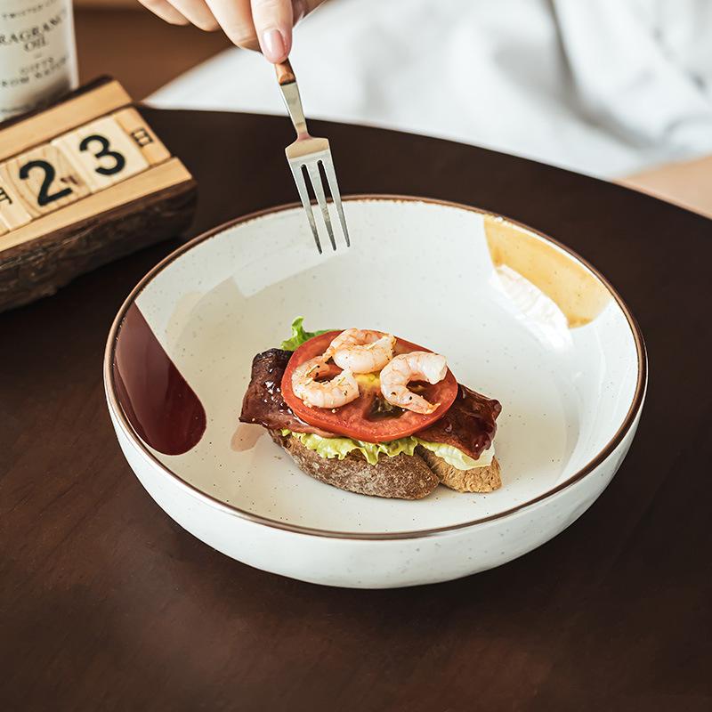 Retro Style Creative Painting Deep Plate Household Ceramic Plate Tableware Round Plate Japanese Dish Steak Plate Large Plate Bowl