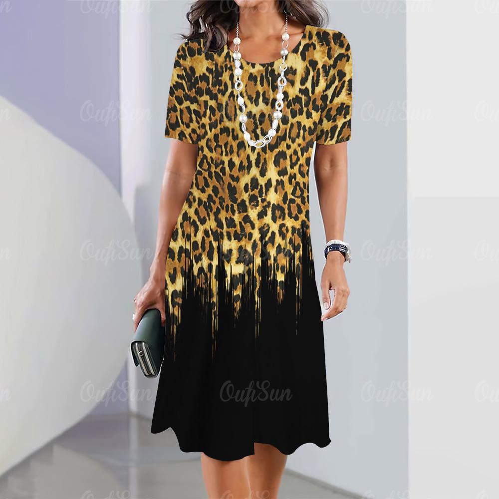 Leopard Print Damen Minirock Mode Sommer Knielange Kleider Straße Elegante verspielte Kleider 2023 O Hals weibliche Top Pullover