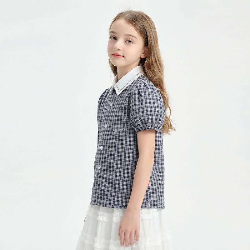 Mongtagut Girls Retro Plaid Puff Sleeve Casual Summer Shirt 165