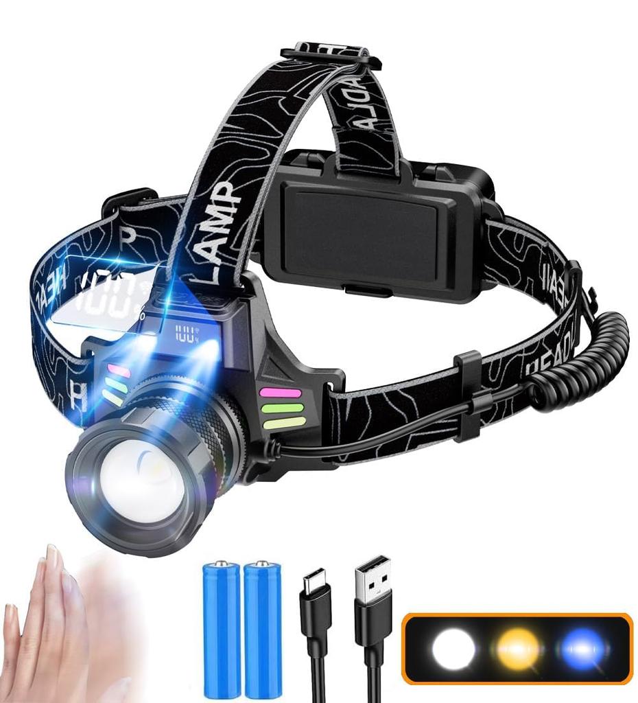 LED Headlight Exclusive White Yellow Blue 3 Light Ultra High Brightness 150000 Lumens Bright Powerful Digital Power USB Rechargeable Headlamp 4 Modes
