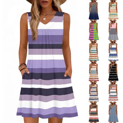 Vestido Casual Soltinho de Verão com Estampa, Sem Mangas, Decote V e Bolso