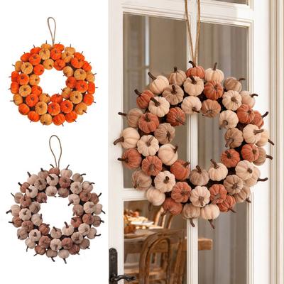 Fluffy Pumpkin Wreath Velvet Door Hanger, Fall Thanksgiving Garland, Rustic Artificial Vine Autumn Harvest Decor for Entryway Window, Farmhouse