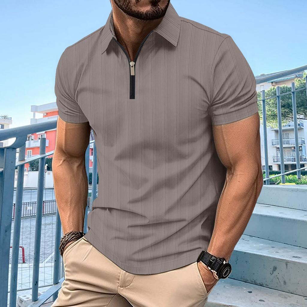 Fashion Men's New Solid Colour Textured Zip Short Sleeve T-Shirt Men's Tops