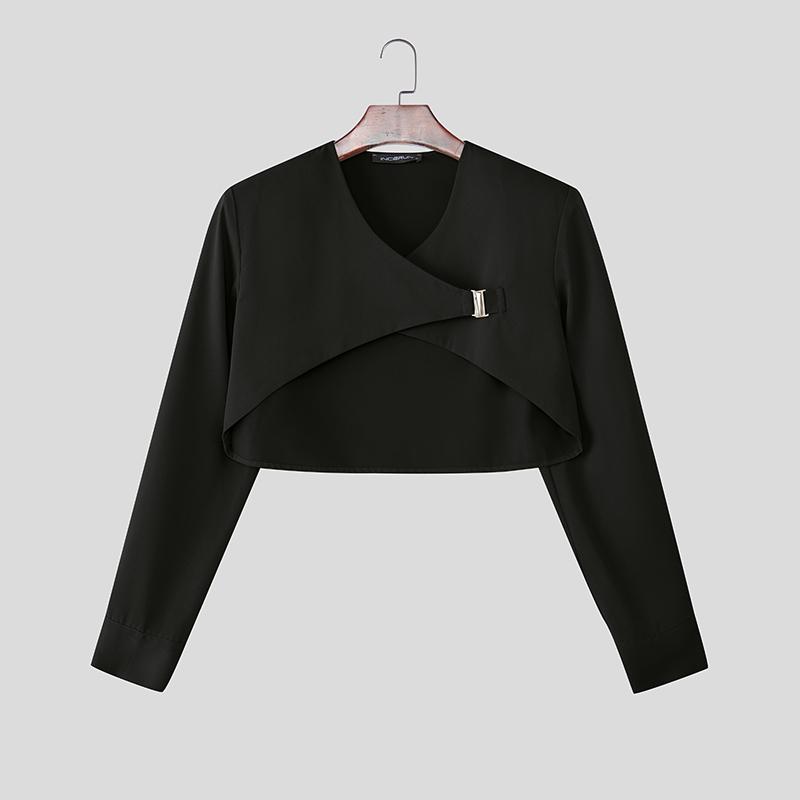 

INCERUN Мужские рубашки с длинным рукавом, без воротника, на одной пуговице, асимметричные, укороченные топы, микс-энд-матч S