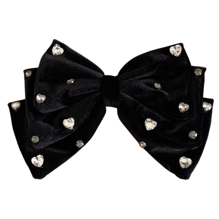 French Velvet Heart Rhinestone Bow Hair Clip - Retro Style for Fall/Winter Updos