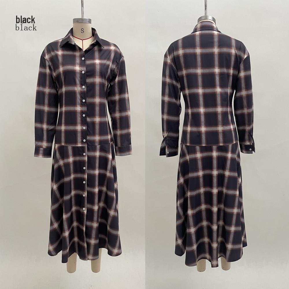 TEMU Retro Plaid Shirt Dress - Women s Long Sleeve Autumn/Winter 2025 Collection L