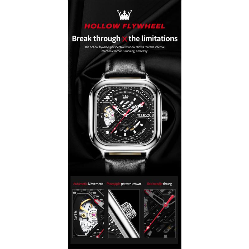 OLEVS 6634 with Gift Box Automatic Mechanical Table Fashion Hollow Perspective Square Men's Trend Watch