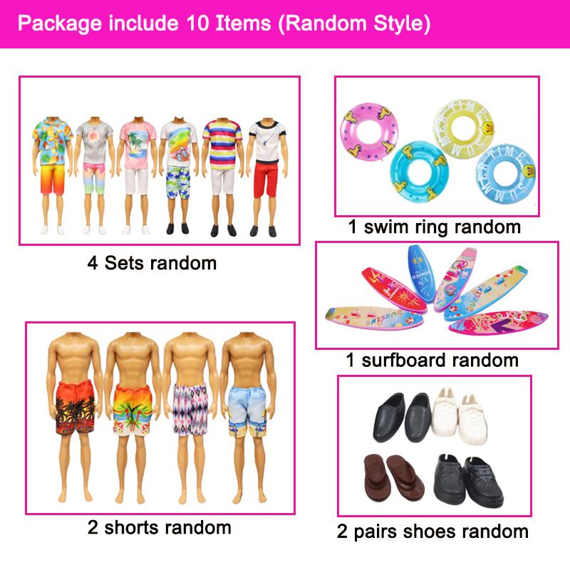 

10Pcs Doll Clothes Accessories Inch Boy Ken Dolls Include Outfits Beach Shorts Shoes Swim Ring Surfboard and for 12 4 2 1 Kid Friendly Entertaining