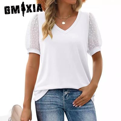 Sommer Damen T-Shirt Einfarbig V-Ausschnitt Schlicht Mesh Puffärmel