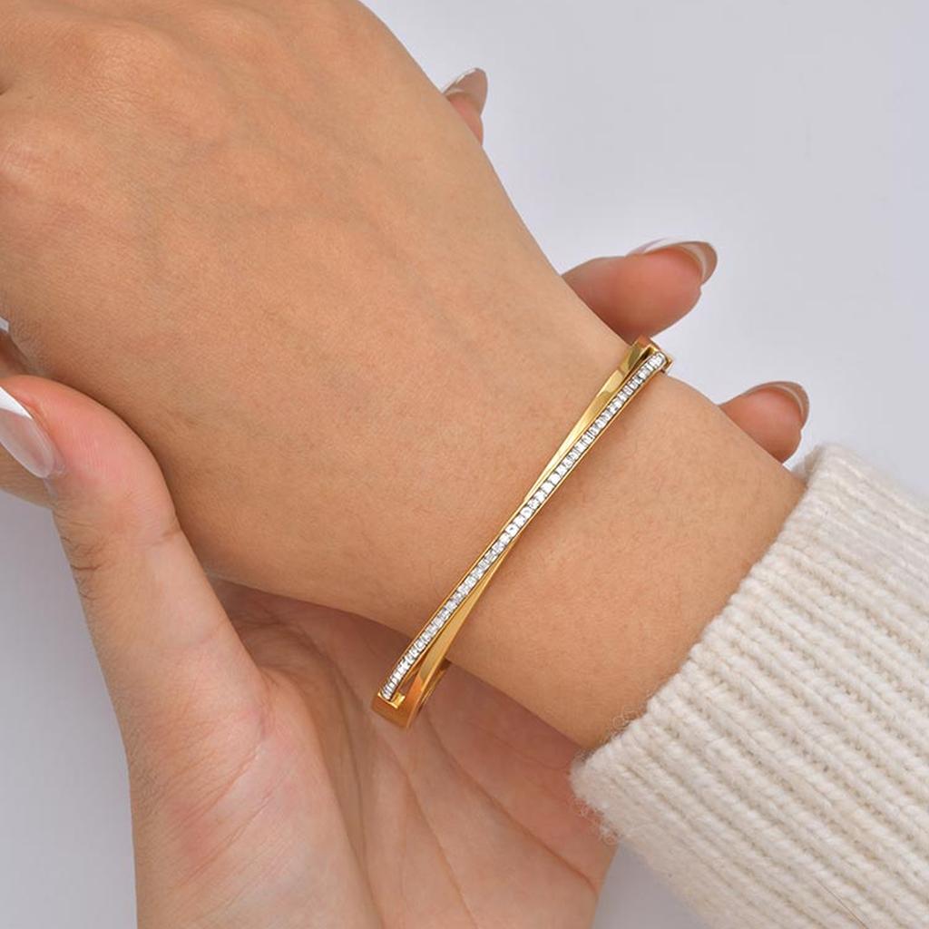 Shiny Zircon Crossed Stainless Steel Bangle Bracelet for Women, Gold Color Layered Stackable Female Waterproof Jewelry Gift