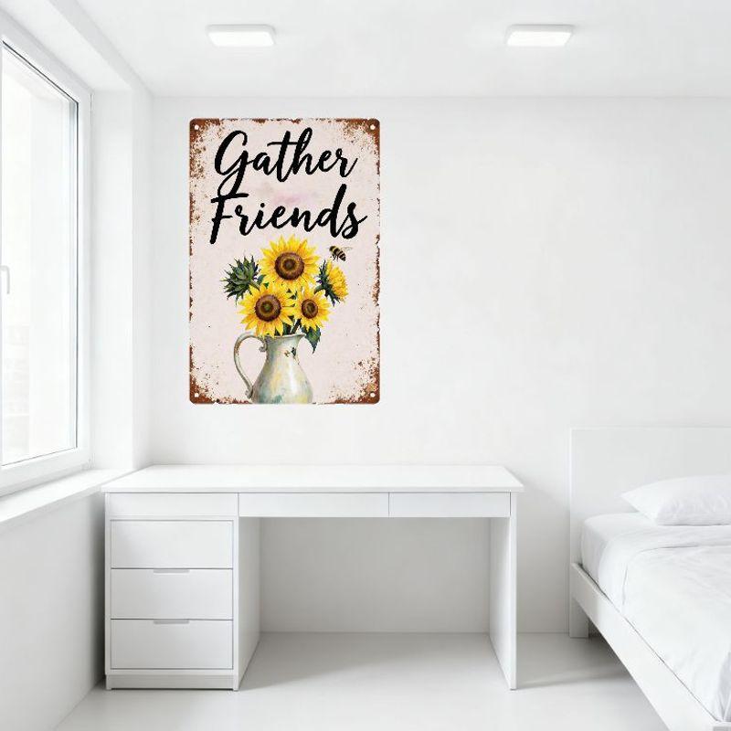 Vintage Gather Friends Metal Tin Sign Rustic Brown Border with White Ceramic Pitcher Sunflowers Bee Design Home Bar Cafe Decor F