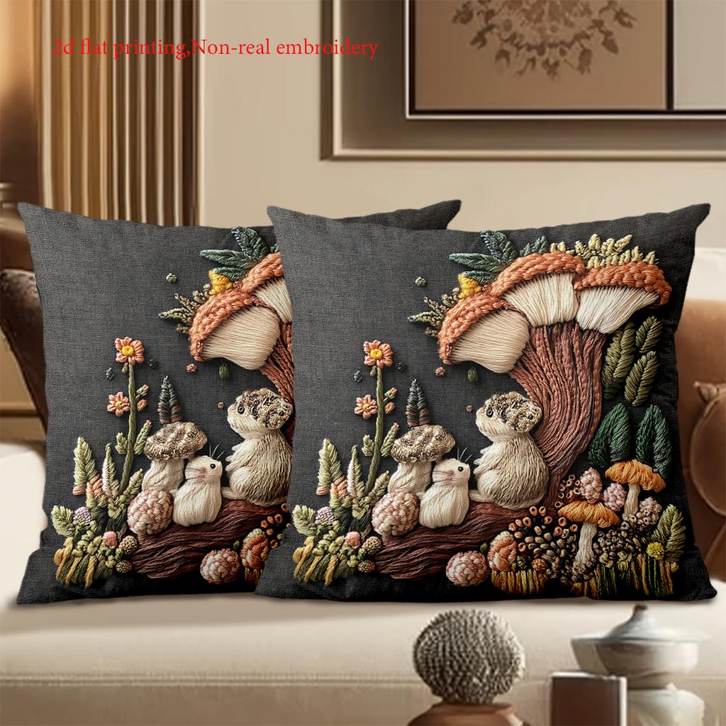 2D Flat Printing Embroidered Mushroom Hamster Design Cushion Pillow Polyester Pillowcase Sofa Decorative Cushion Cover