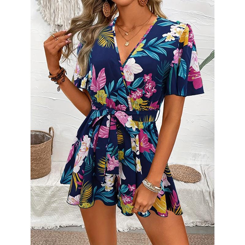 

Пляжный отдых с коротким рукавом и V-образным вырезом, повседневные комбинезоны для женщин, летние свободные короткие комбинезоны с принтом для женщин, элегантные женские комбинезоны с высокой талией 26275 M