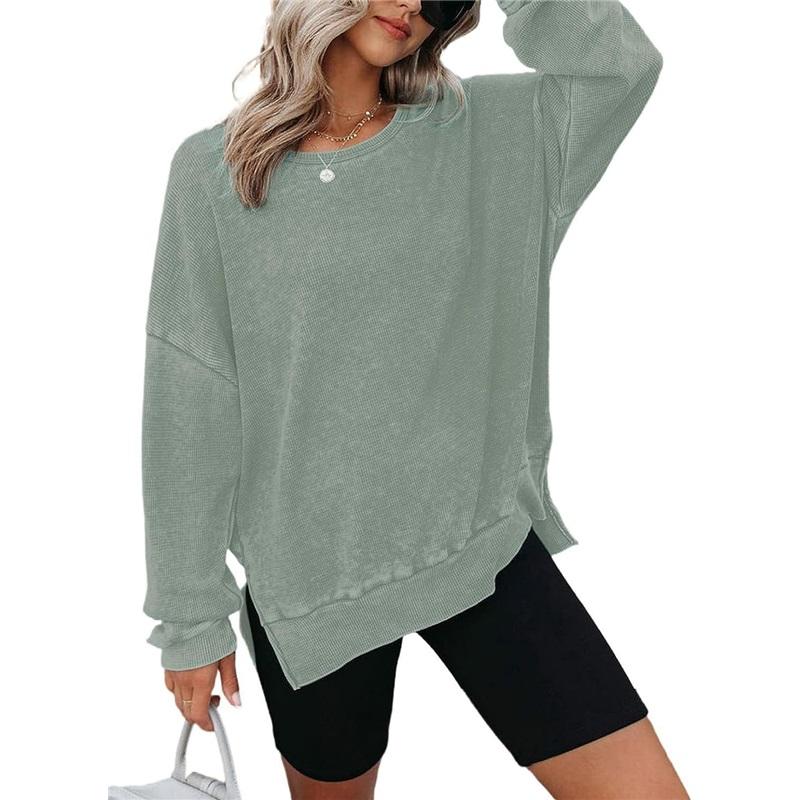 Women's Crew Neck Sweatshirt Loose Batwing Long Sleeve Pullover Irregular Hem Casual Blouse