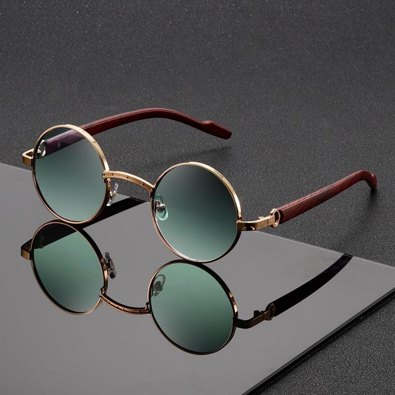 1 Stück Retro-Sonnenbrille mit rundem Rahmen, modisch, mit einzigartigem Holzmaserungs-Imitat-Bügendesign, Unisex, unverzichtbar für Reisen