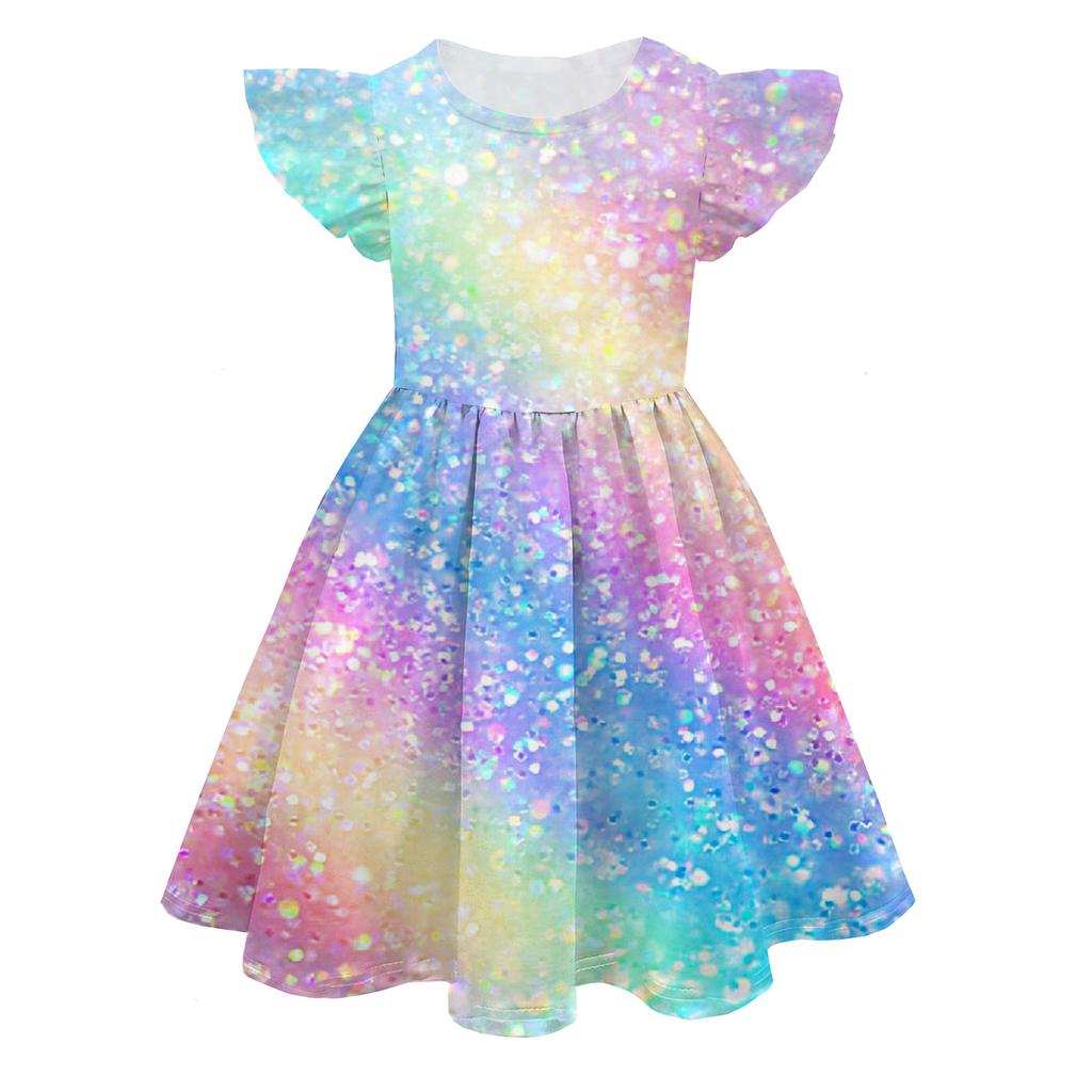 Europäisches und Amerikanisches Feifei-Ärmel Prinzessinnenkleid Farbe Peripherie 3D Digitaldruck Kinder-Milchseidekleid
