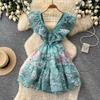 Floral sleeveless waist dress women's summer ruffle edge V-neck high waist A-shaped skirt commuter pink skirt